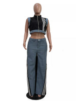 Zip Front Crop Top and Striped Pants Set