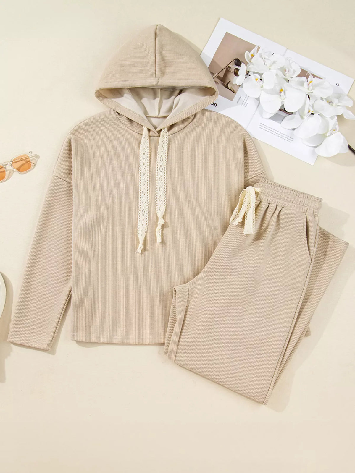 Lace Drawstring Hoodie and High Waist Pants Set
