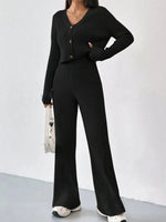 Ribbed Knit Button Up Top and Pants Set