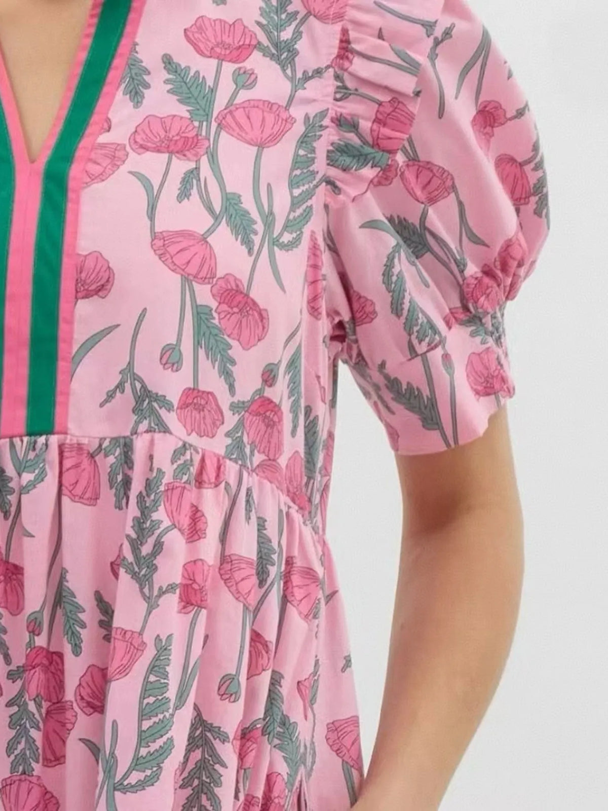 Floral Puff Sleeve Midi Dress with Contrast Trim
