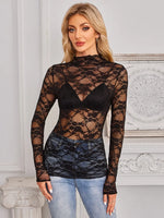 Mock Neck Long Sleeve Lace Sheer Top