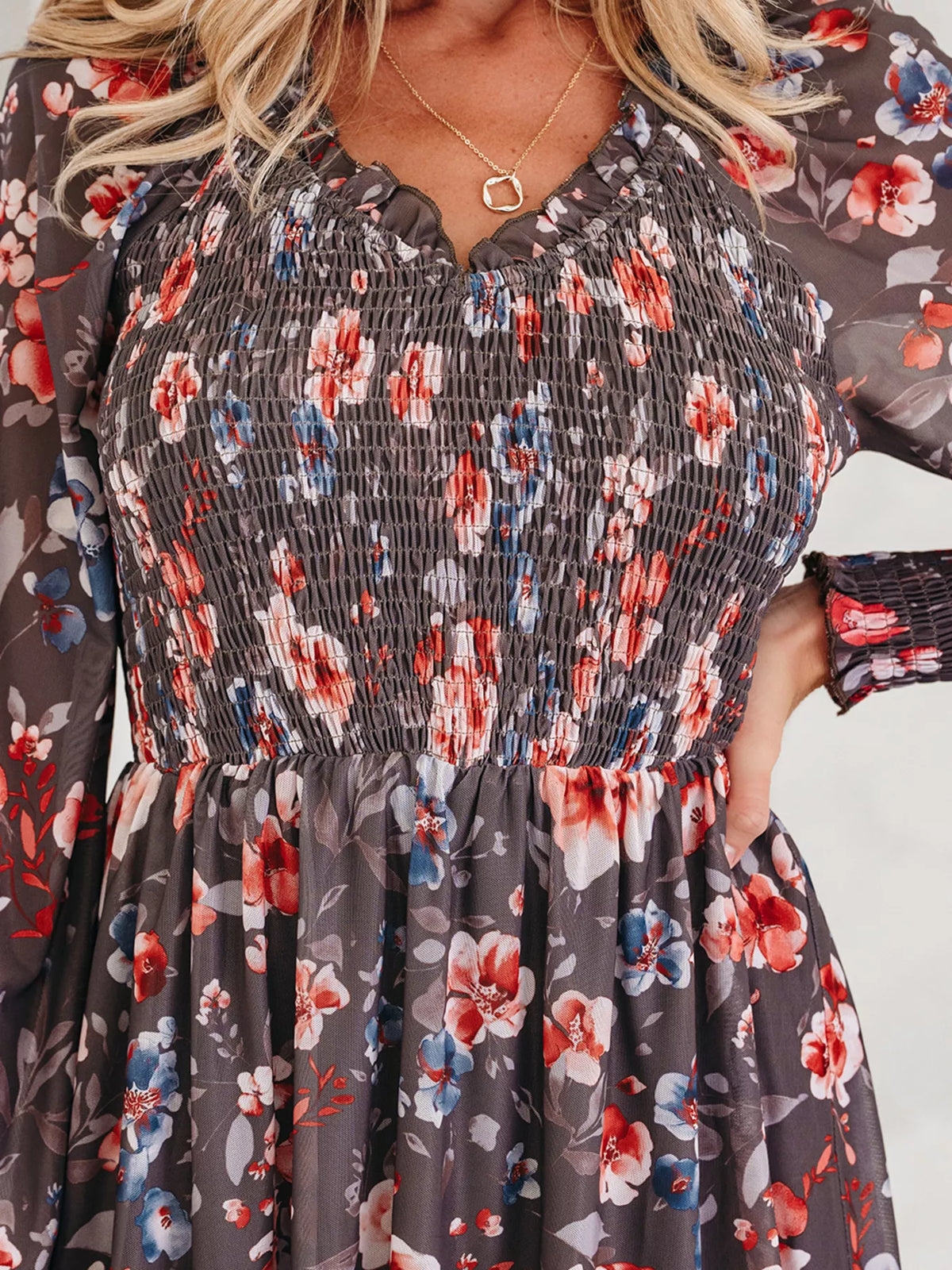 Frilly Smocked Bodice Floral Mesh Long Sleeve Mini Dress