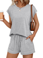 Round Neck Cap Sleeve Top and Shorts Set