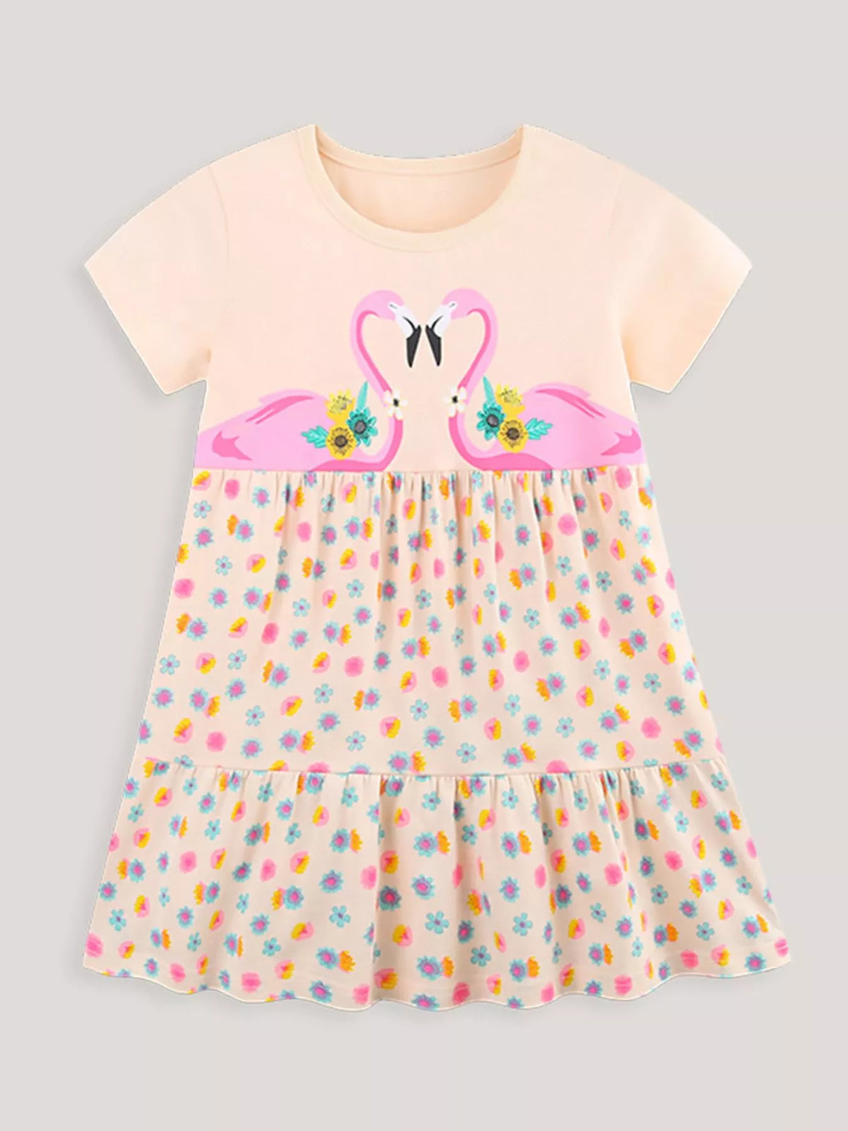 Children's Flamingo Print Tiered Casual Dress