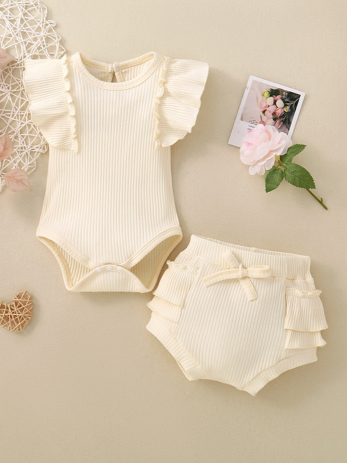 Children's Ribbed Ruffle Trim Bodysuit & Shorts Set