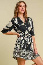 Umgee Full Size Floral Print Notched Tie Waist Mini Dress Plus Size