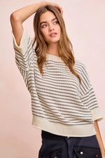 BiBi Stripes Short Sleeves Rib Banded Outseam Knit Top