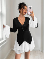 Two Tone V-Neck Long Sleeve Mini Dress