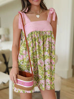 Printed Square Neck Tie Shoulder Mini Dress