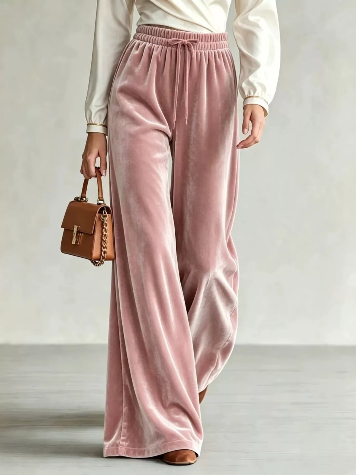 Velvet Wide-Leg Pants with Drawstring
