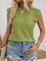 Eyelet Round Neck Cap Sleeve Top