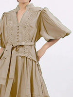 Lace Detail Notched Puff Sleeve Maxi Dress