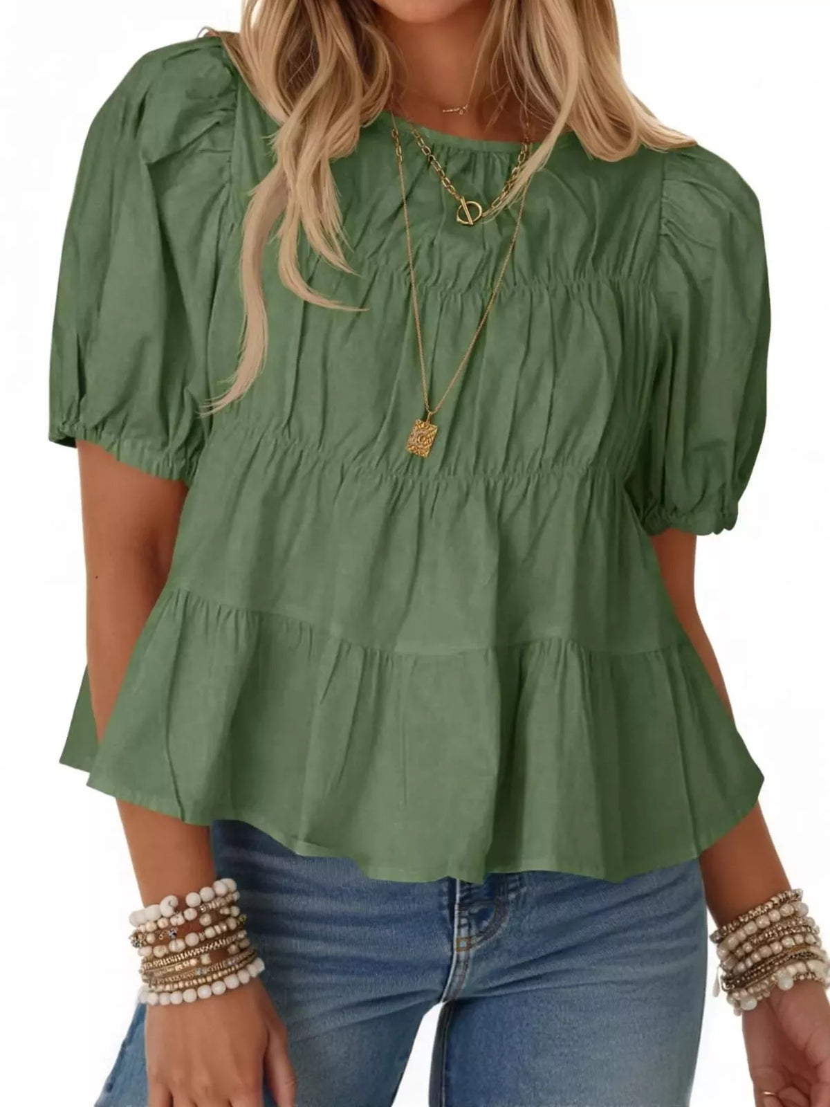 Ruched Tiered Puff Sleeve Blouse