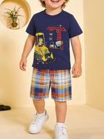 Children's Construction Vehicle Print Tee & Plaid Shorts Set