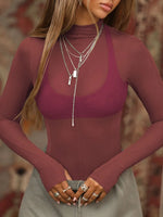 Mock Neck Long Sleeve Sheer Top