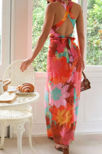Split Crisscross Back Printed Plunge Maxi Dress