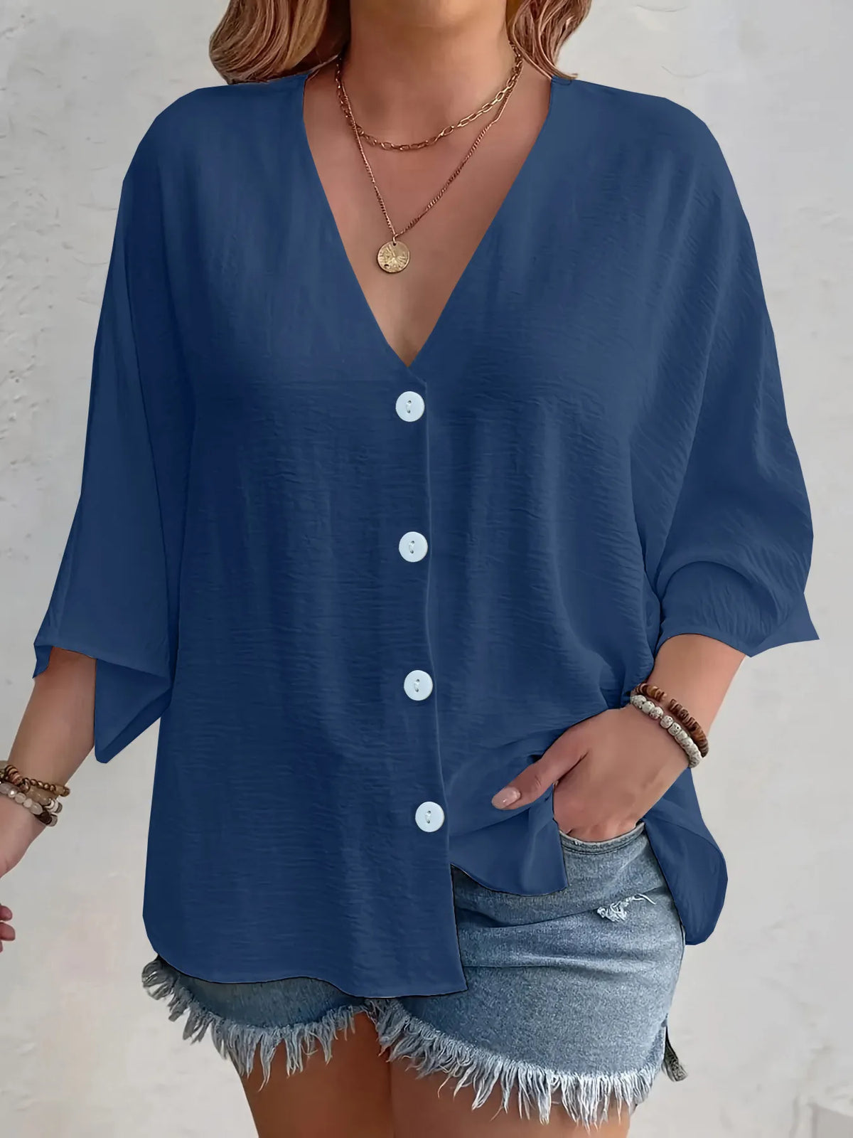 Full Size Casual V-Neck Button Down Relaxed Fit Blouse Plus Size