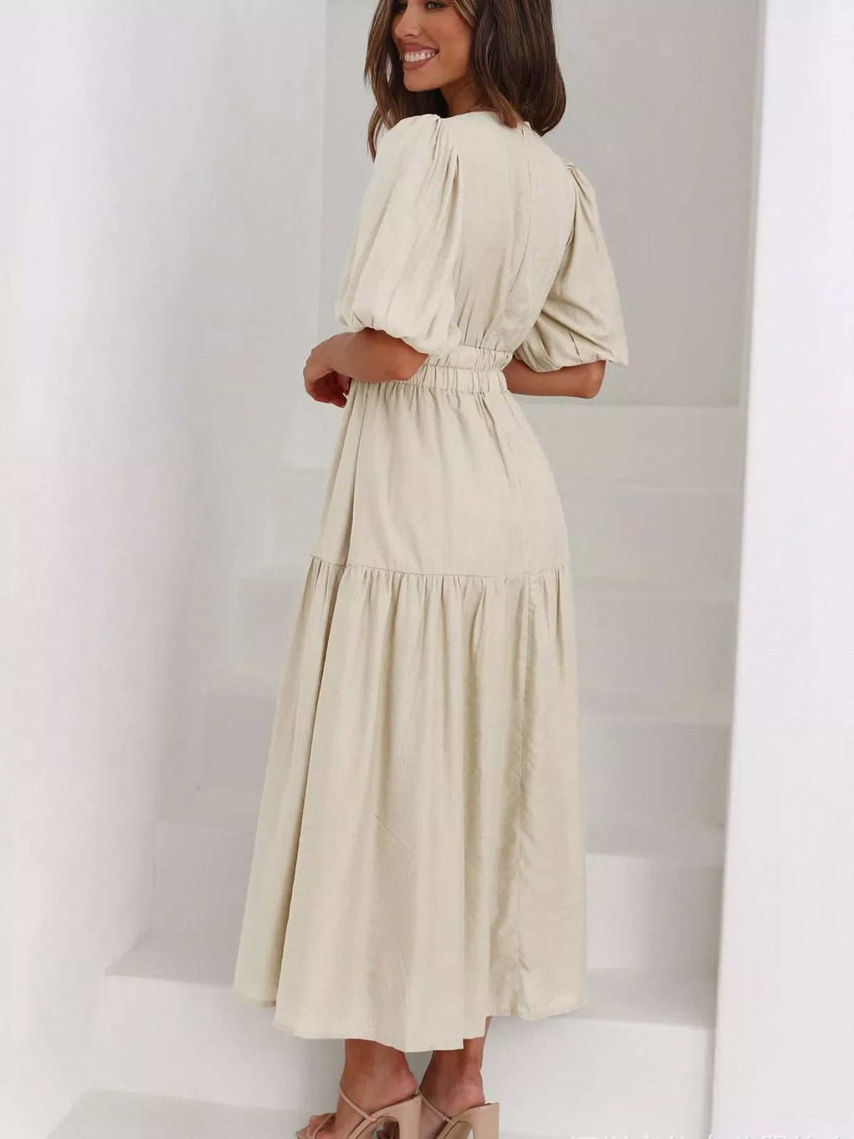 V-Neck Puff Sleeve Midi Dress