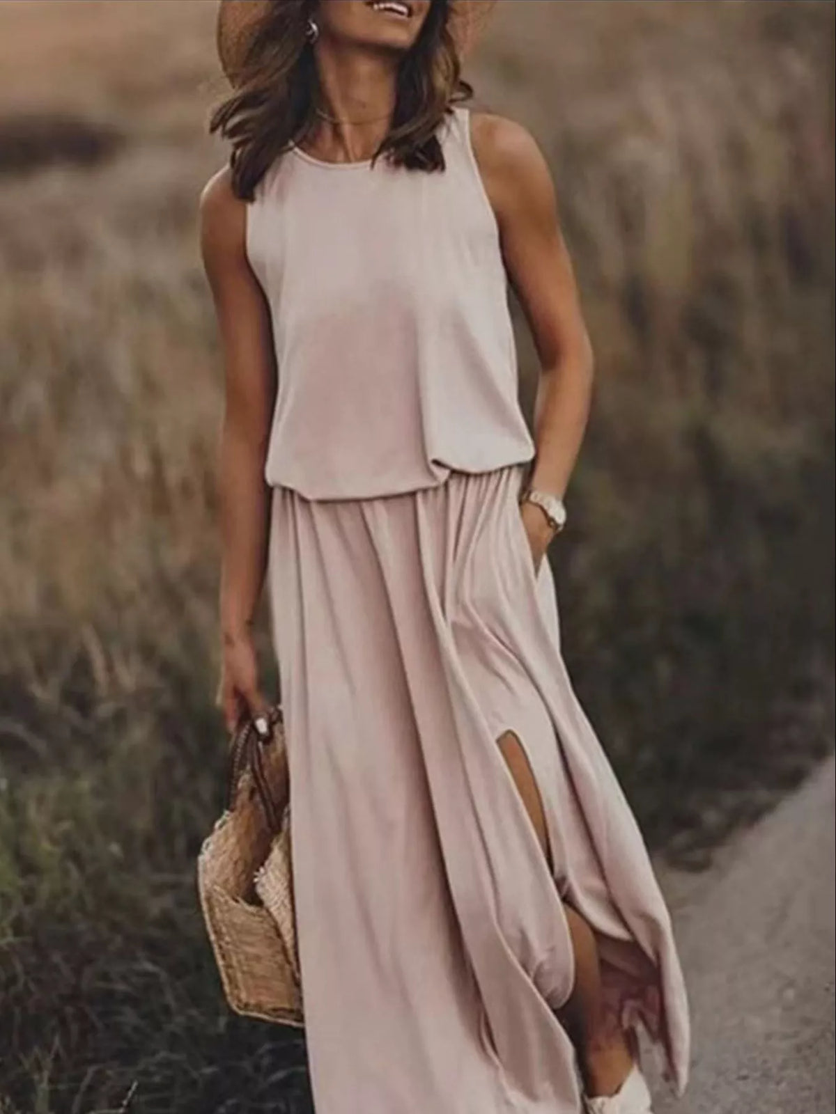 Full Size Round Neck Sleeveless Slit Maxi Dress Plus Size