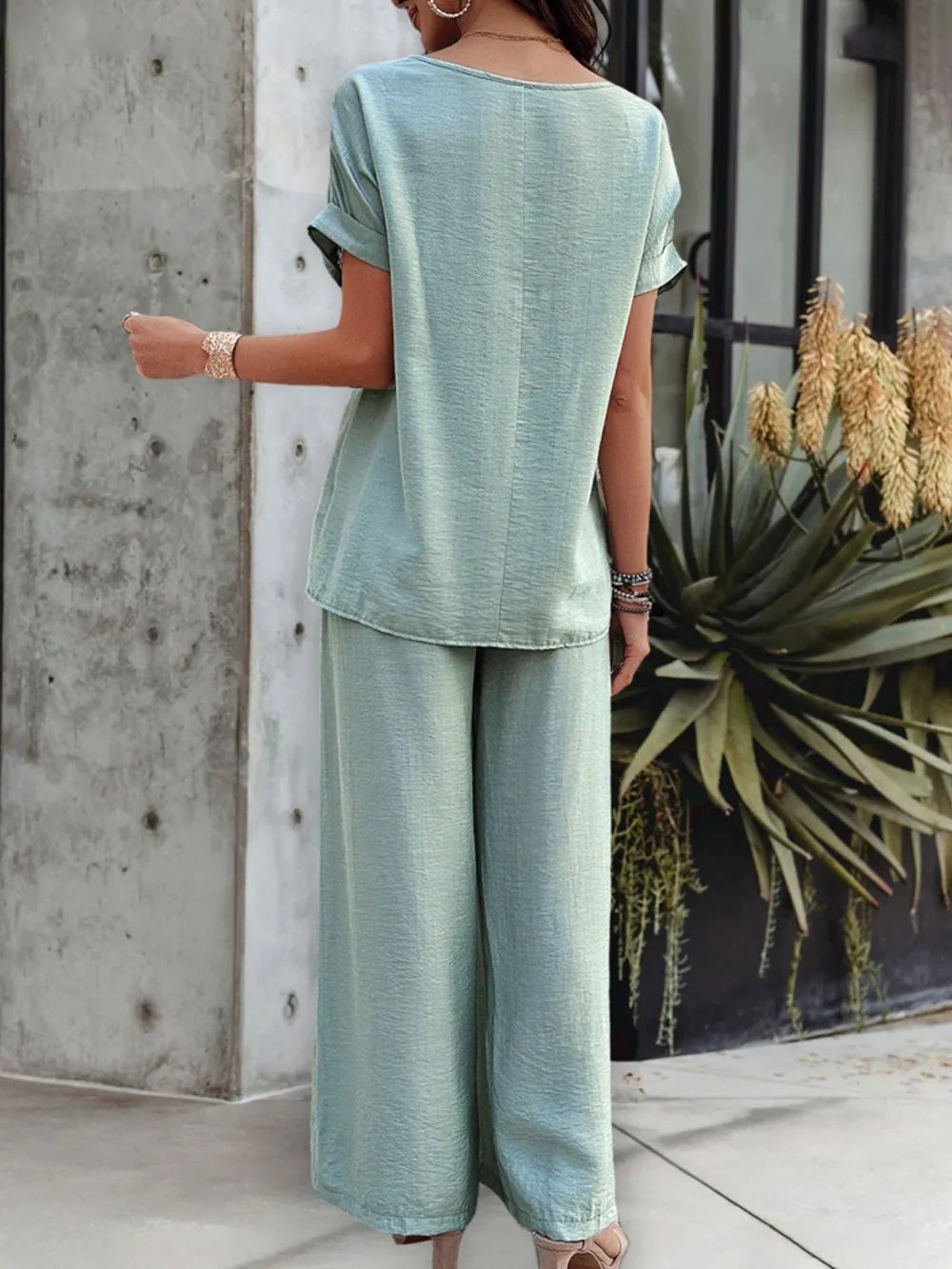 Round Neck Short Sleeve Top and Pants Set