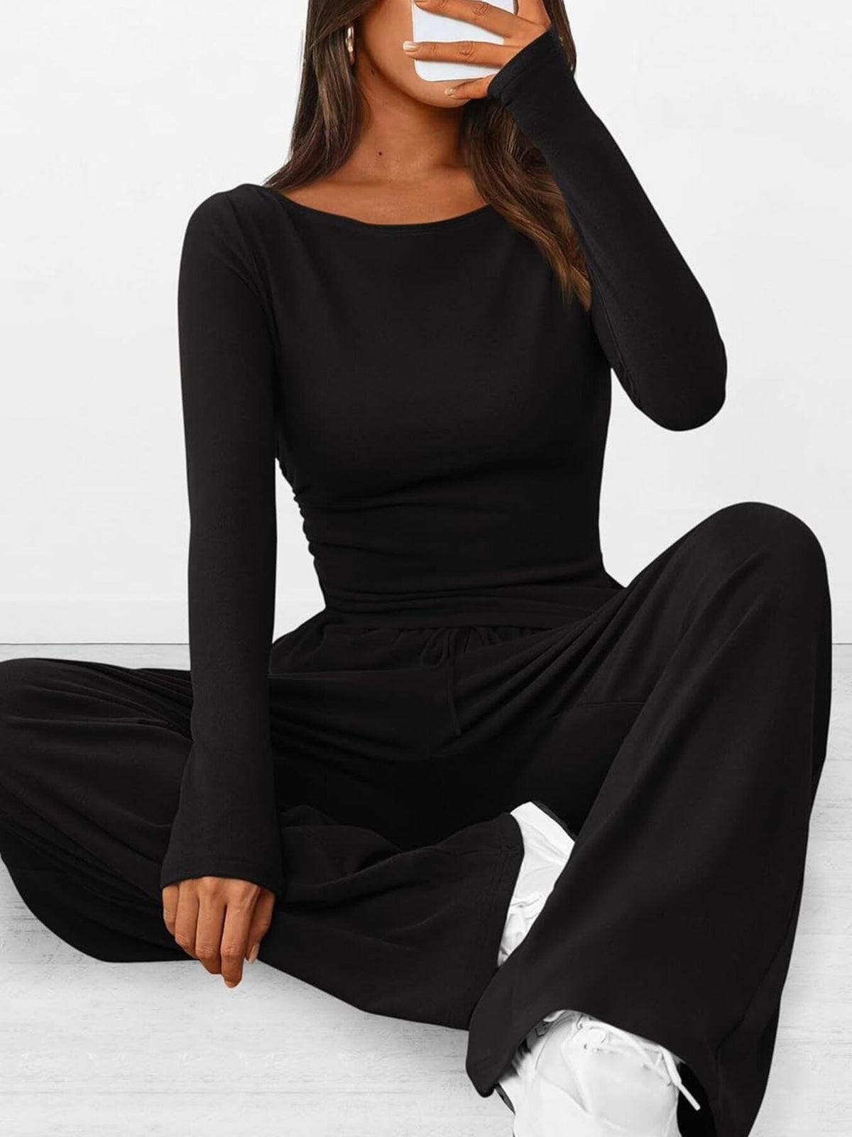 Round Neck Long Sleeve Top and Pants Set