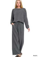 Zenana Washed F/terry Round Neck Pullover & Pants Set
