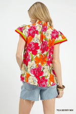 Umgee Floral Print Blouse with Contrast Trim