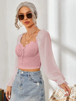 Mesh Sweetheart Neck Flounce Sleeve Top