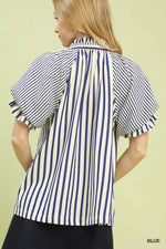 Umgee Striped Notched Top with Short Flutter Sleeves