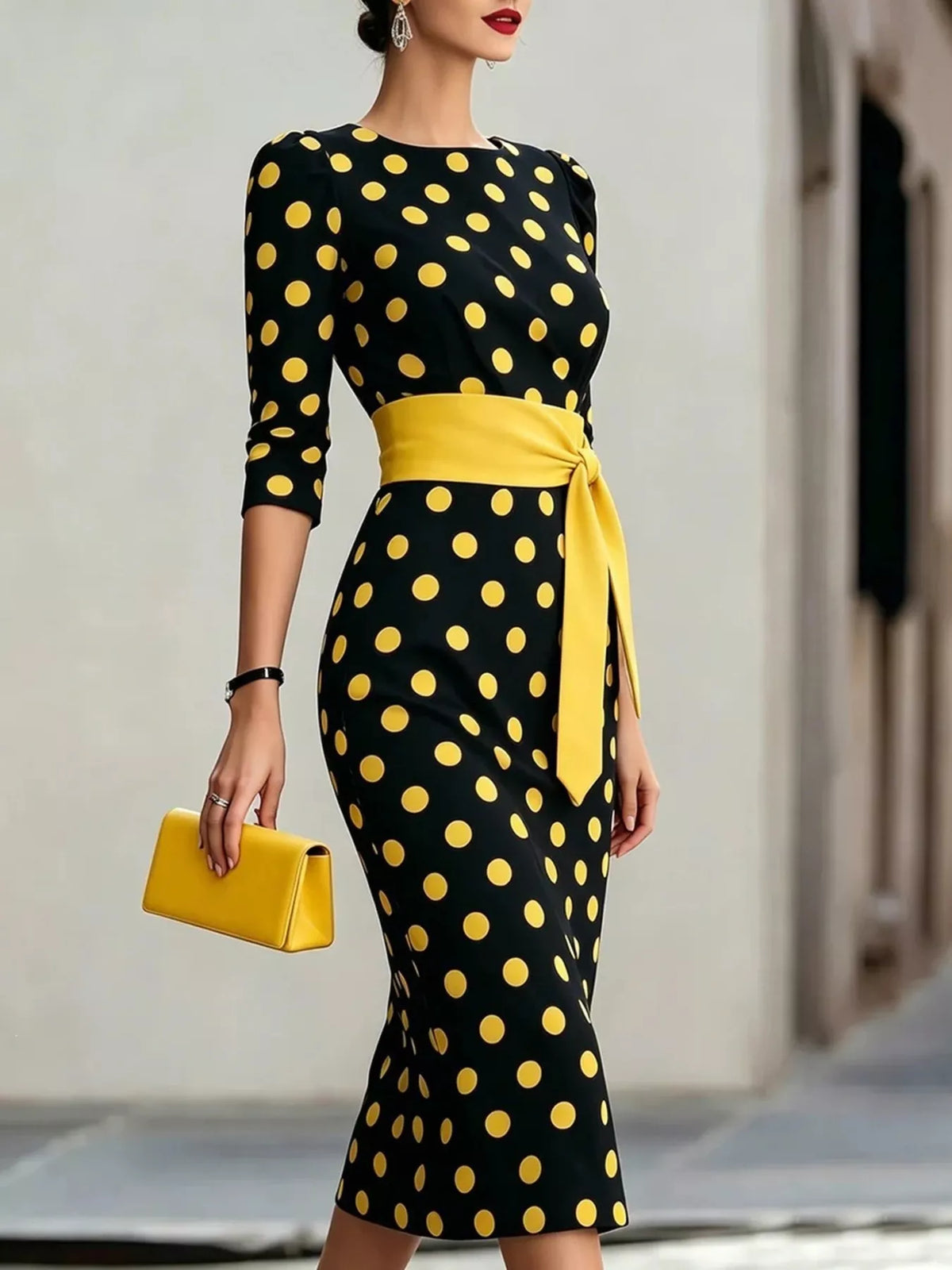 Full Size Polka Dot 3/4 Sleeve Dress Plus Size