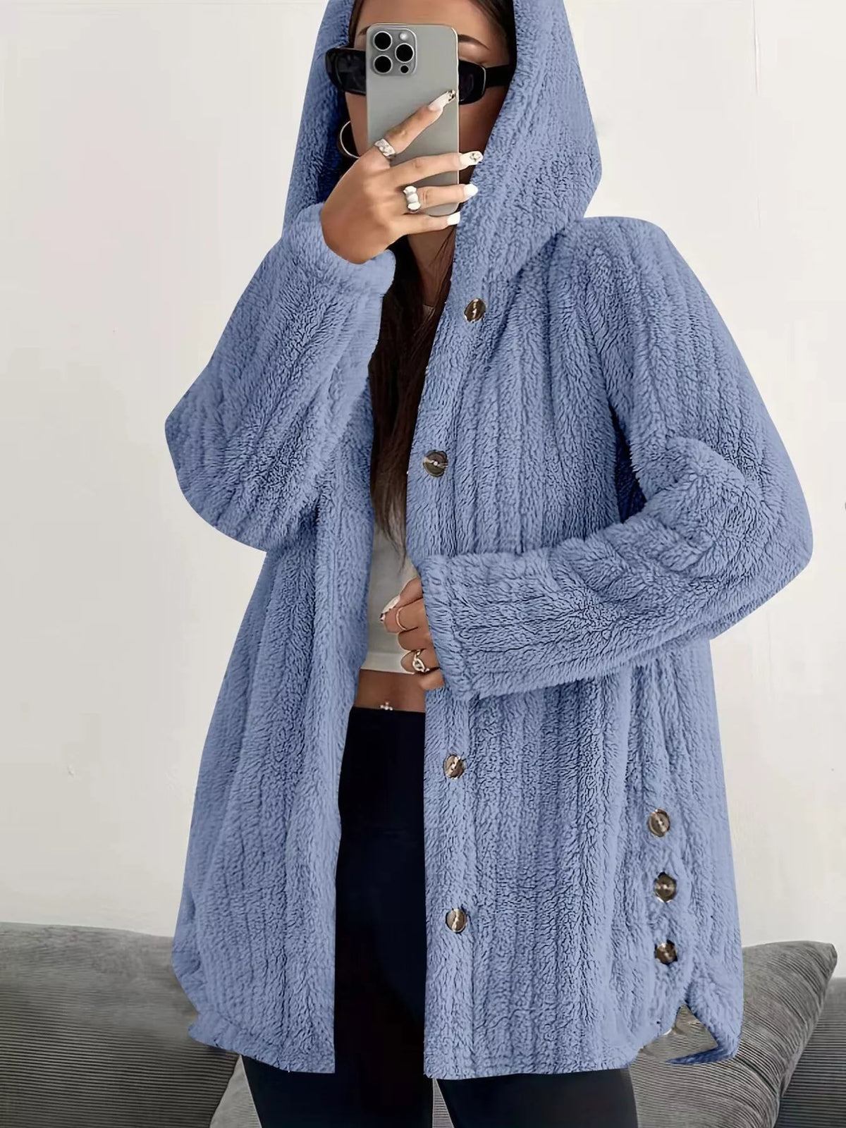 Full Size Fleece Button Up Hooded Outerwear Plus Size