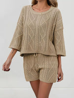 Cable Knit Round Neck Top and Shorts Sweater Set