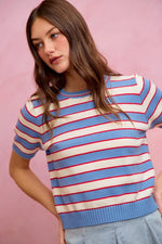 SO ME Stripe Knit Crew Neck Short Sleeves Sweater Top