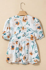 Floral Print Puff Sleeve V Neck Babydoll Blouse