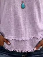 V-Neck Long Sleeve Blouse with Frayed Hem Detail