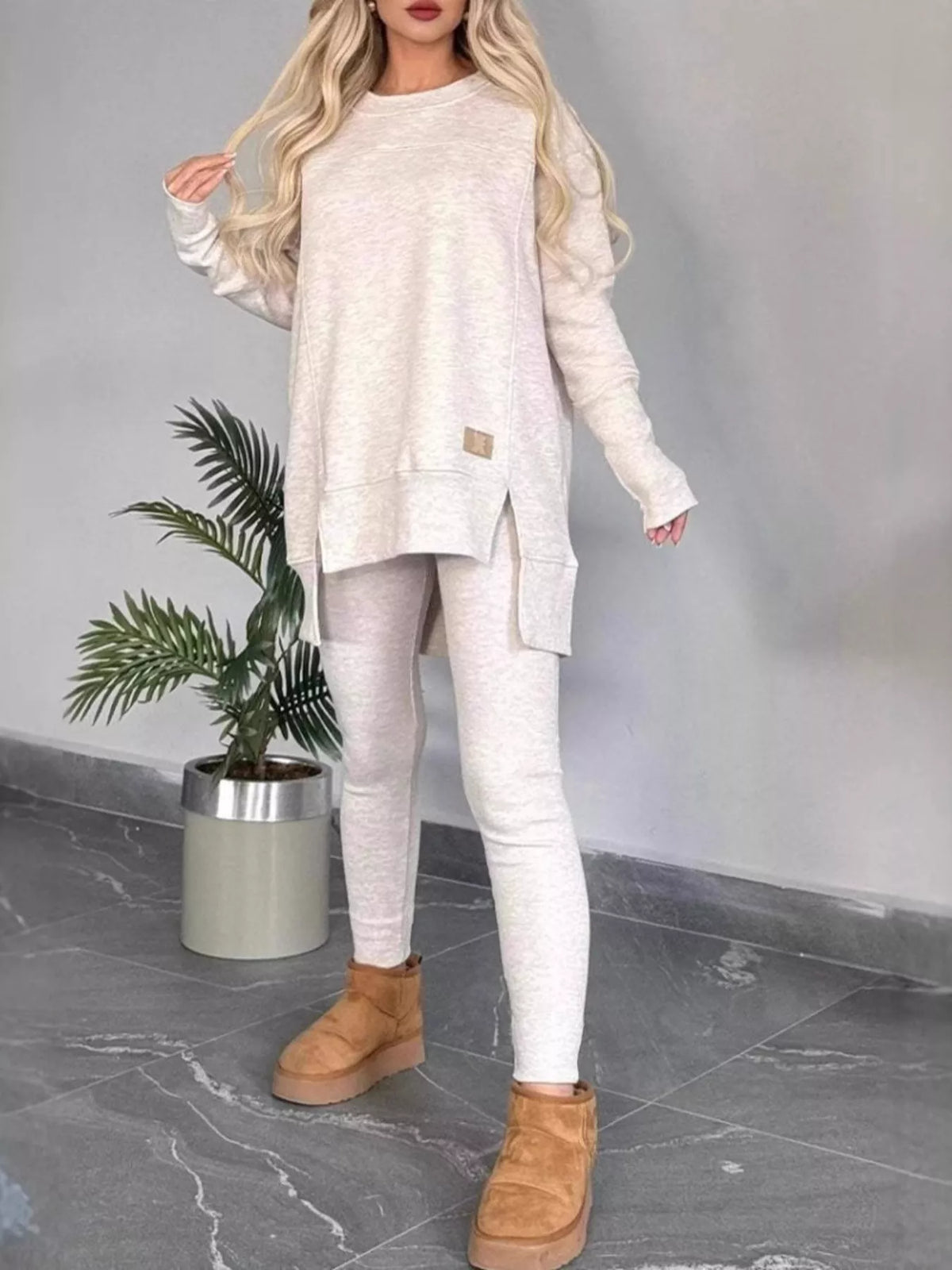Full Size Slit Round Neck Top and Pants Set Plus Size