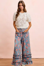 BiBi Washed Floral Denim With Ruffle Elastic Wide Pants