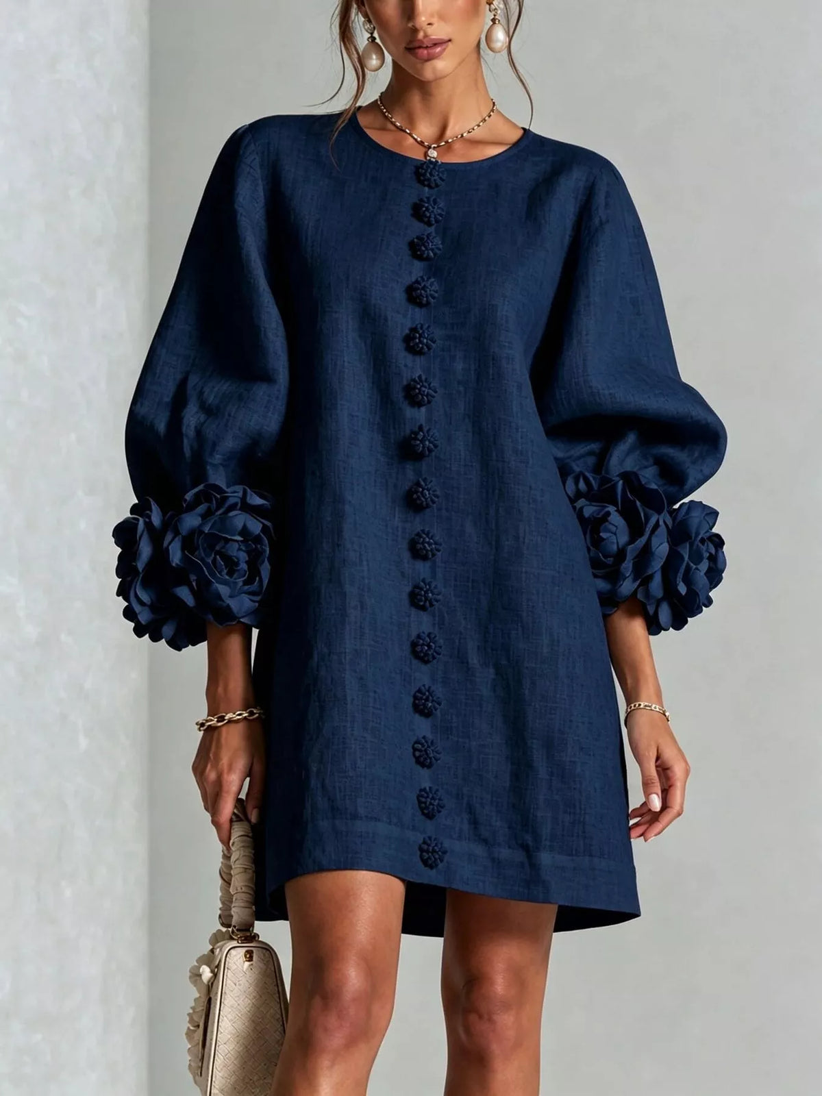 3D Floral 3/4 Sleeve Mini Dress
