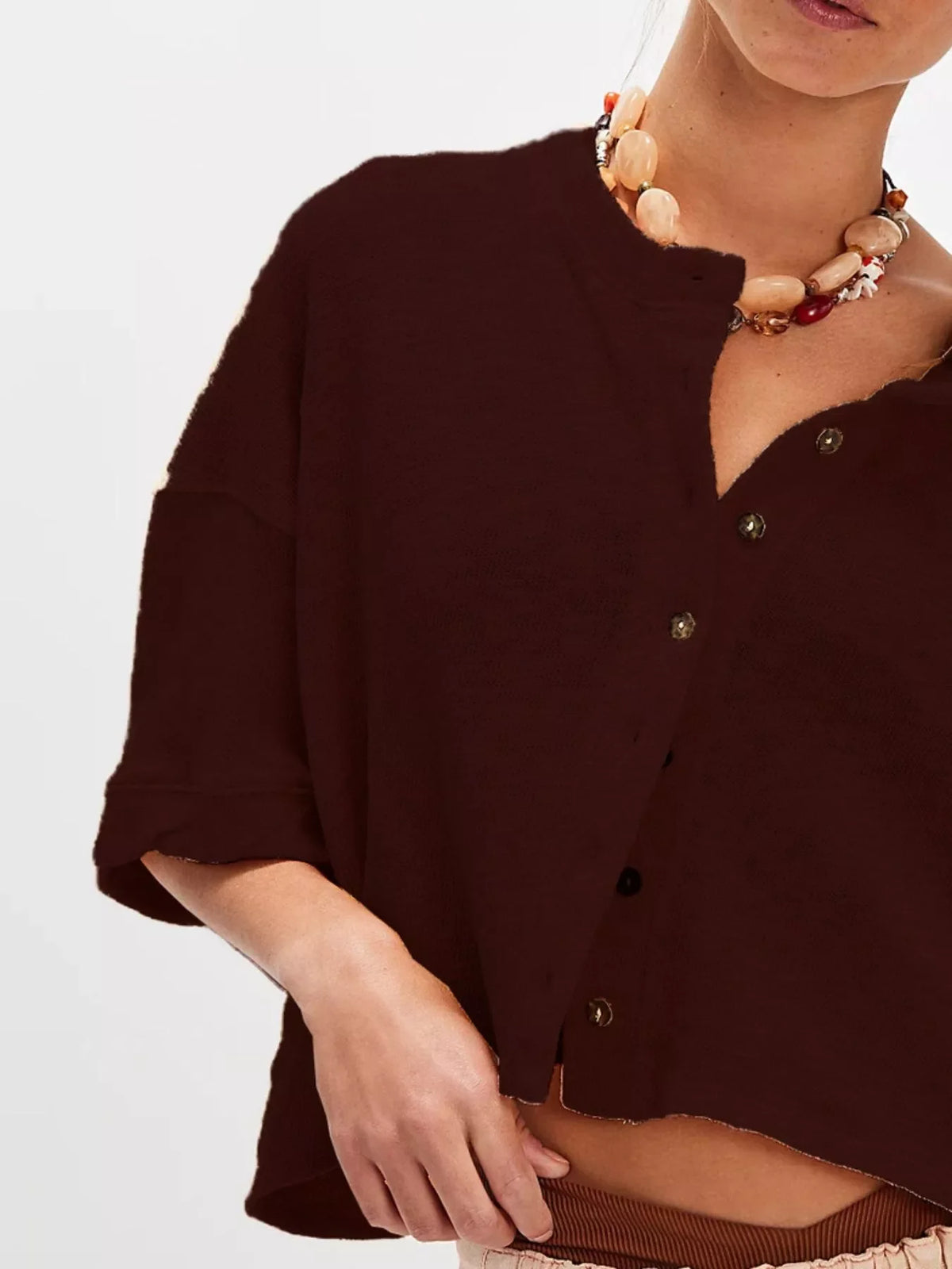 Button-Front Half Sleeve Cardigan