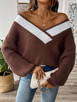 Contrast Trim V-Neck Ribbed Sweater