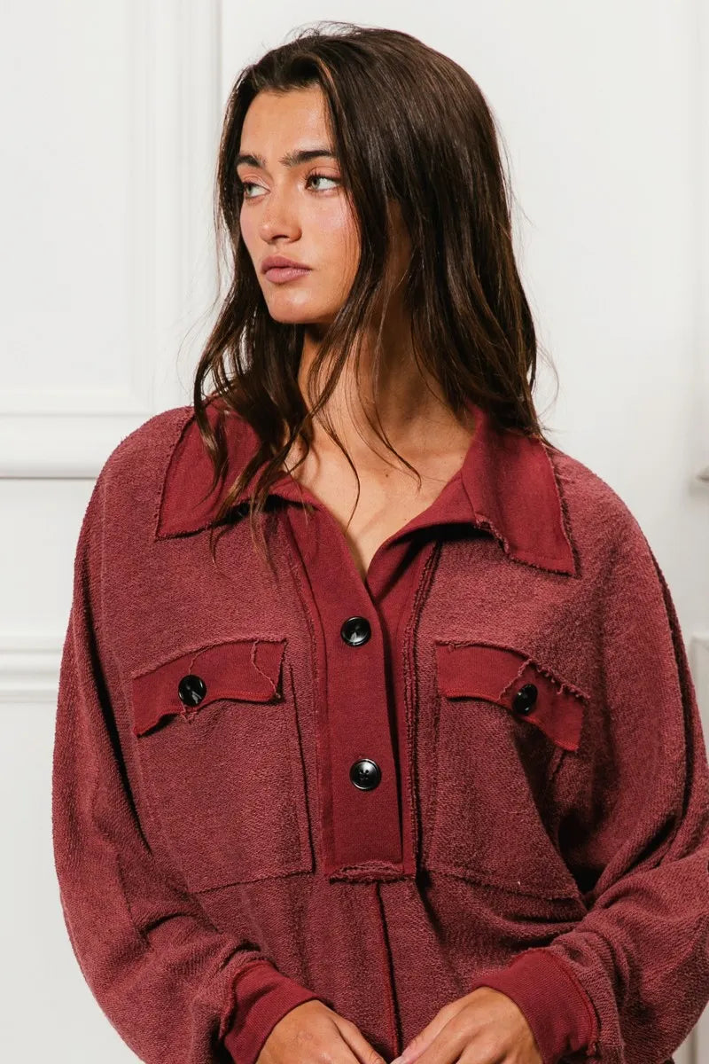 BiBi Cp French Terry Cut Edge Detail Collared Top