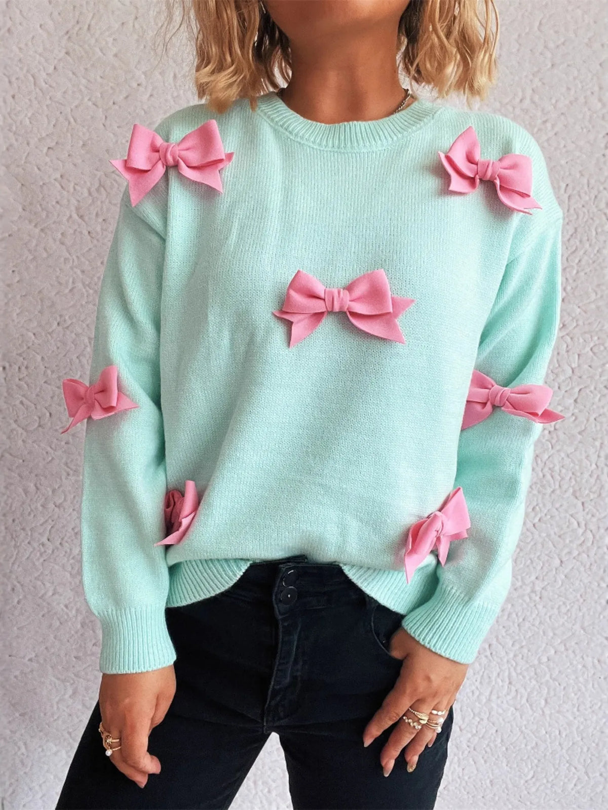 Bow Round Neck Long Sleeve Sweater