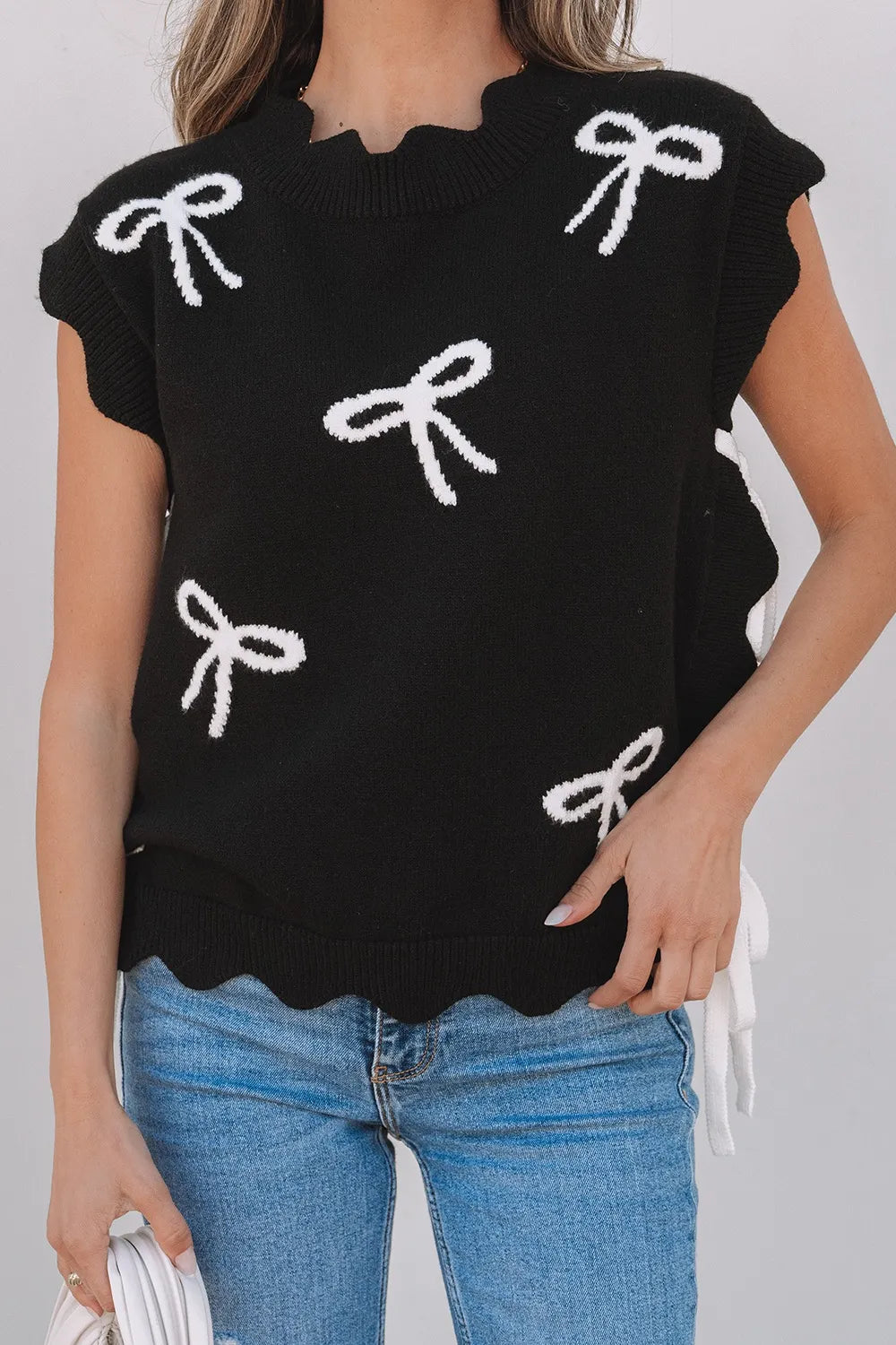 Bow Side Ties Scalloped Hem Cap Sleeve Sweater