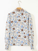 Plaid Frilled Trim V Neck Floral Long Sleeve Blouse