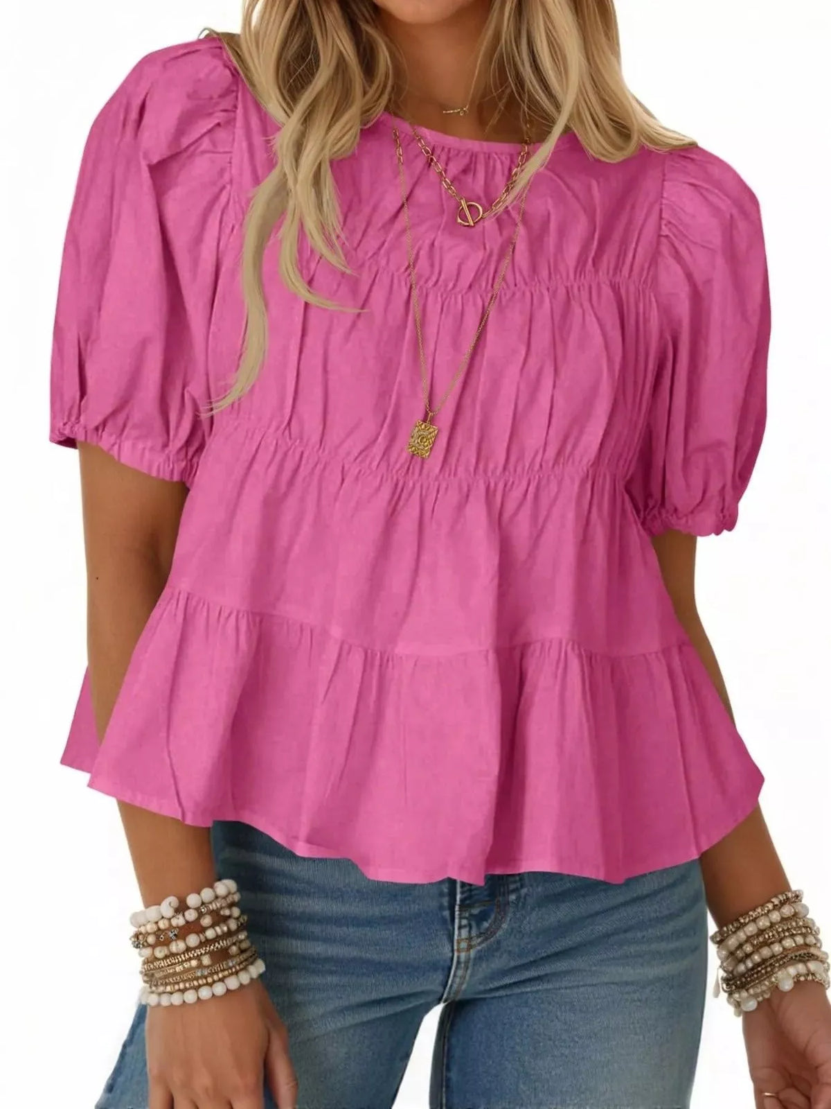 Ruched Tiered Puff Sleeve Blouse
