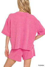 Zenana Raised Rib Short Sleeve Tee and Drawstring Shorts Set