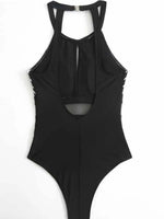 Mesh Detail Backless Striped One-Piece Swimsuit