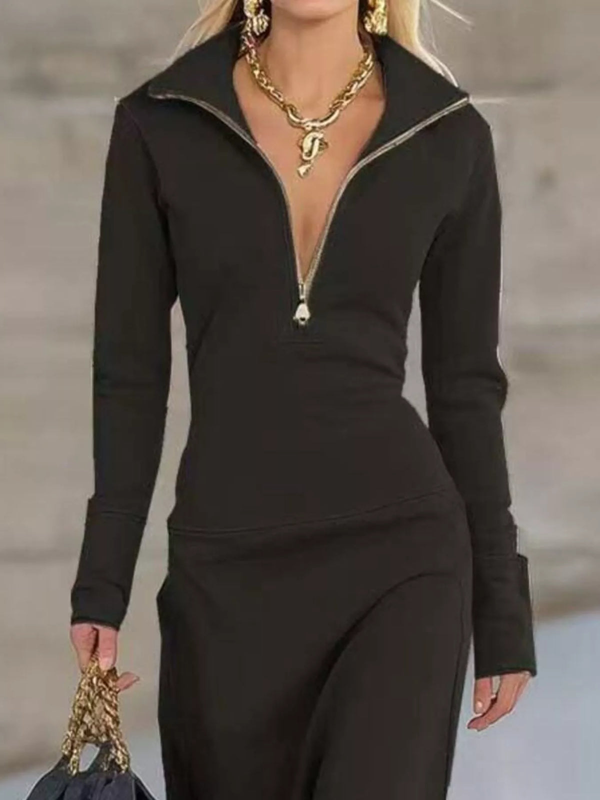 Zip Collar Long Sleeve Maxi Dress