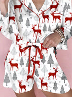 Christmas Fashion Print Velvet Trim Top and Shorts Pajama 2pcs Set