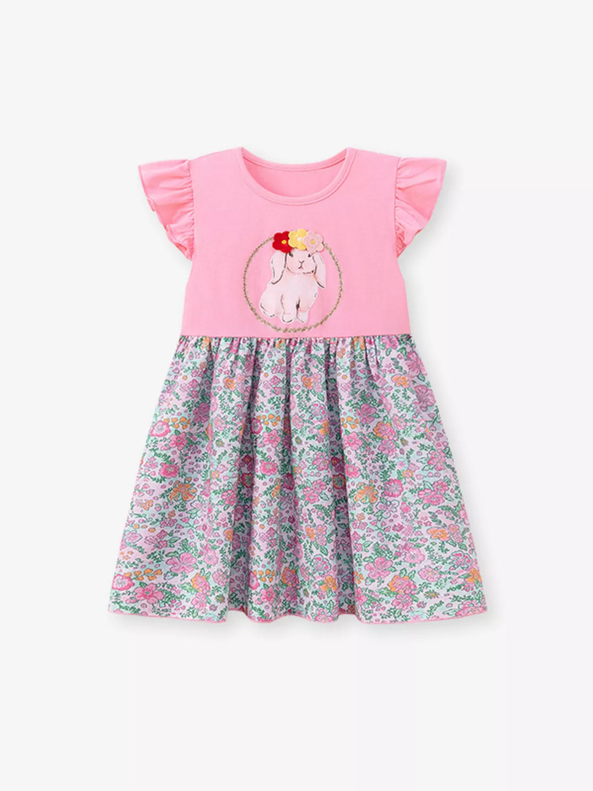 Children's Floral Print Bunny Ruffle Sleeve Dress